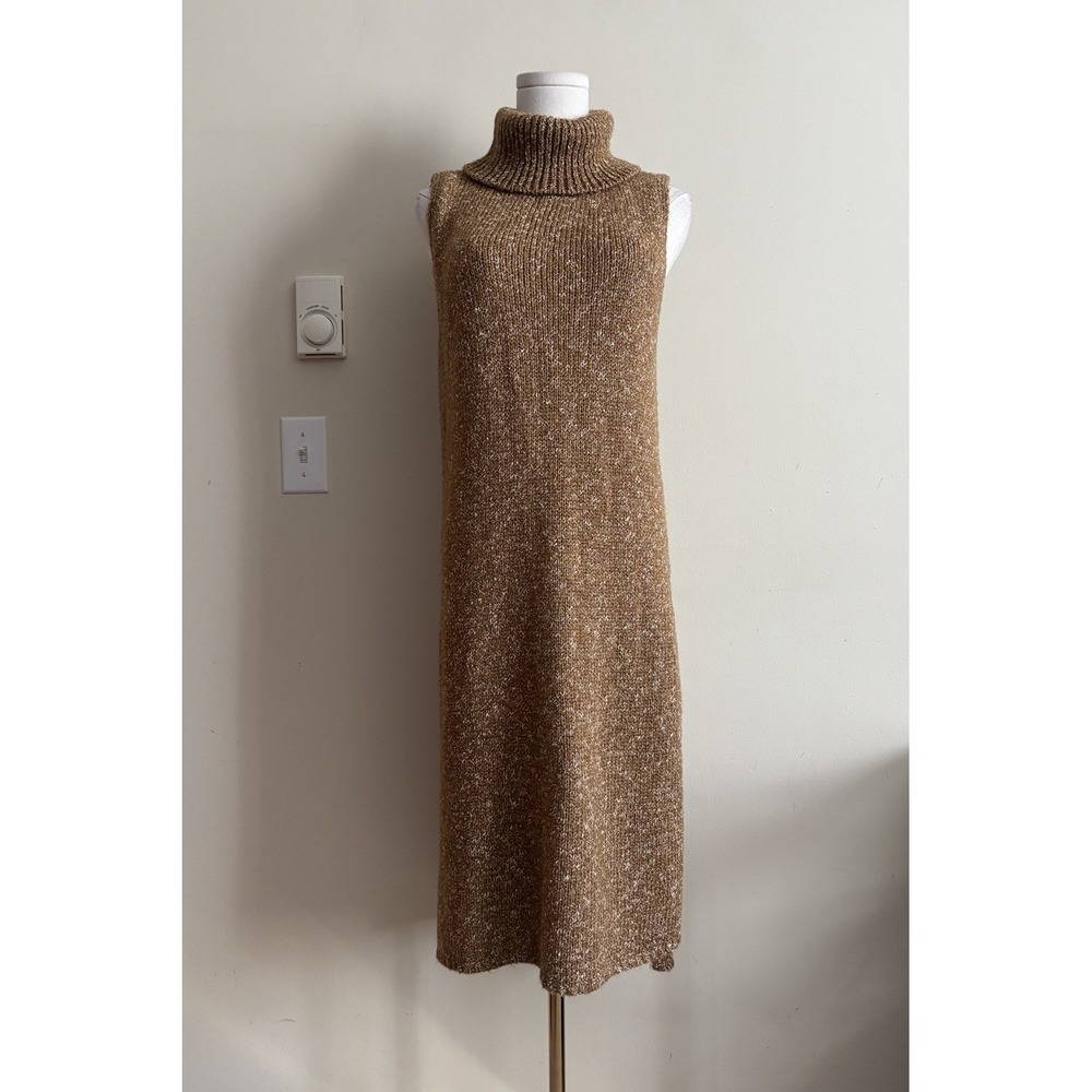 Anthropologie Flowy Maxi Tunic Turtleneck Sweater Medium Camel Brown Side Slit